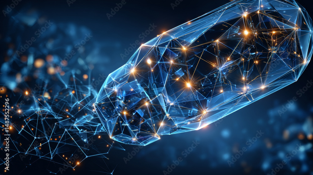 Poster abstract opened capsule form lines and triangles, point connecting network on blue background. illus