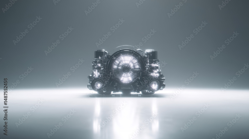 Poster futuristic device with glowing features, showcasing sleek design and advanced technology.
