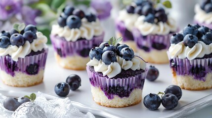 Flowers bloom vines scene style, realistic high quality, Blueberry muffin mix mini cake with purple and white colour scheme, white background tablecloth