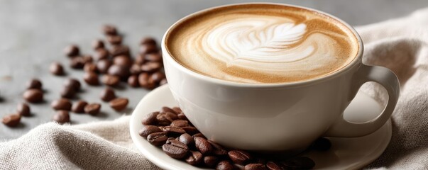 Obraz premium Coffee art latte in cup with warm tone hipster vibe concept. A warm cup of latte art coffee with coffee beans on linen.