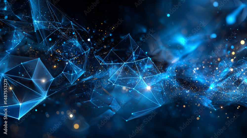Poster abstract blue dots and weave lines with lens flare bokeh background. futuristic digital technology. 