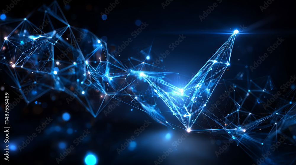 Poster check mark icon form lines and triangles, point connecting network on blue background. illustration 