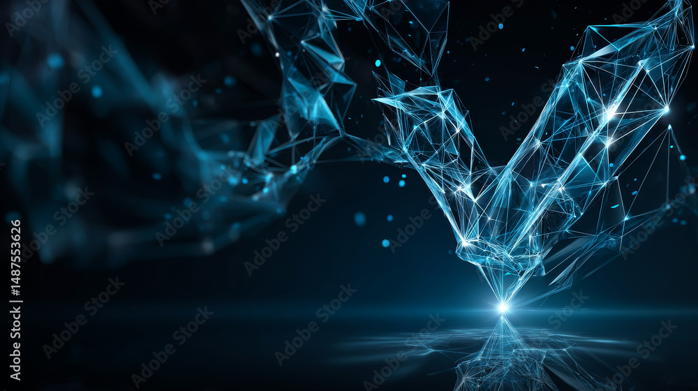 Poster check mark icon form lines and triangles, point connecting network on blue background. illustration 