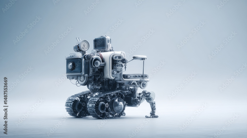 Poster futuristic robot with advanced features, showcasing innovation and design in technology.