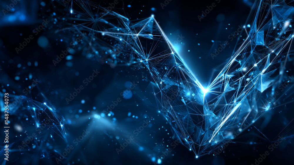 Poster check mark icon form lines and triangles, point connecting network on blue background. illustration 
