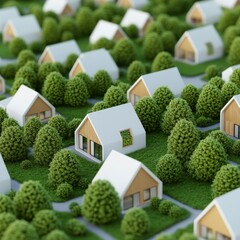 Aerial View Minimalist White Houses with Green Trees, landscaping , architecture