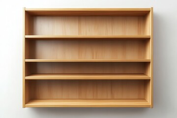 Wood shelving unit with four shelves against a simple white wall. Showcase your product or use as a background for many concepts.