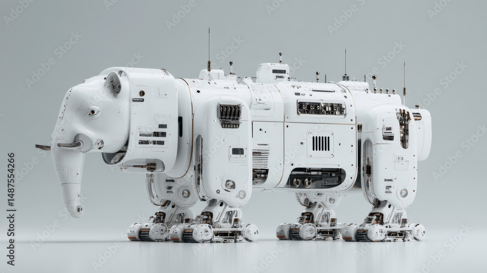 Poster futuristic robotic elephant model showcasing advanced mechanical design and innovation.