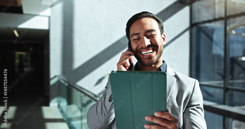 Aufkleber office, happy man and tablet with phone call for networking, talking and consulting for finance. lob