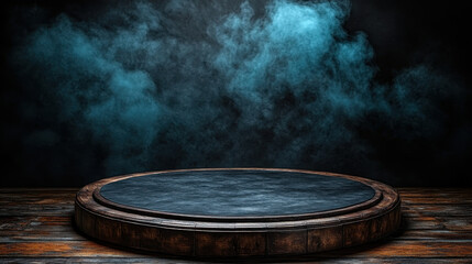 Black Round Stage with Dramatic Blue Smoke Background in Studio