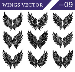 Elegant Black Wings Silhouette Vector Set &ndash; Gothic Feathered Angel and Devil Wing Designs for Tattoo Concepts, Mystical Art, and Fantasy-Themed Digital Creations.