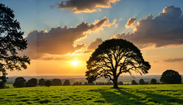 Coucher de soleil dans un champ verdoyant