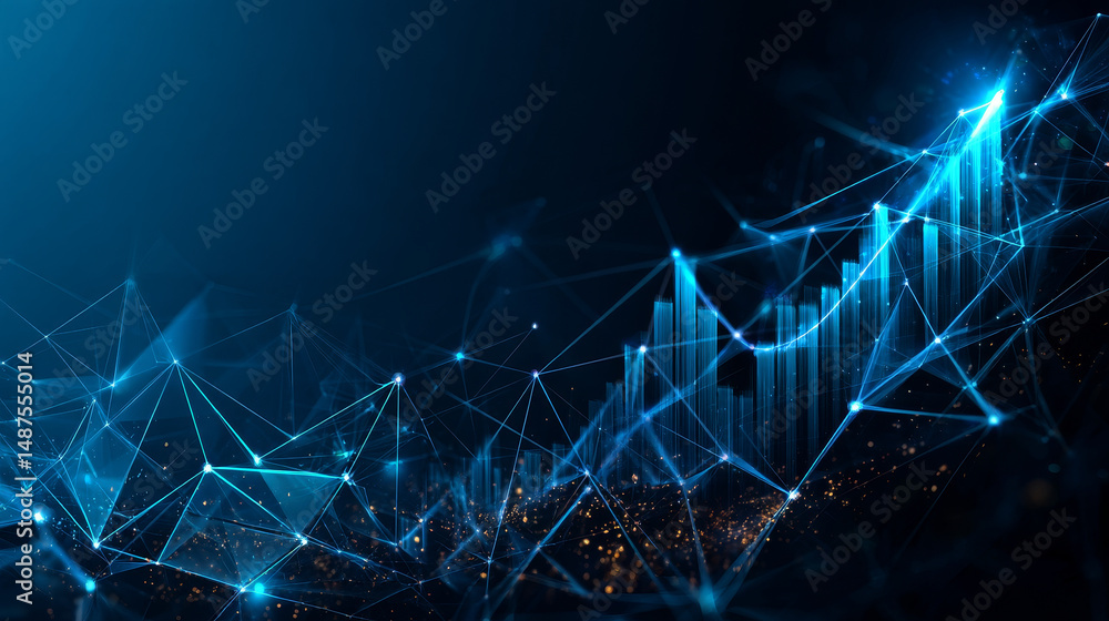 Poster growing chart on board icon form lines and triangles, point connecting network on blue background. i