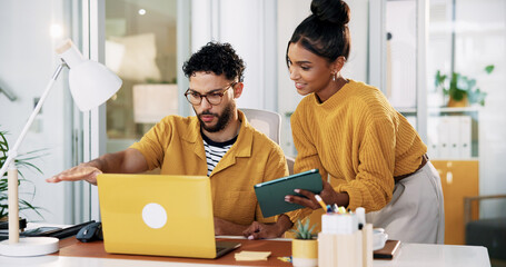 Office, tablet and business people with laptop for teamwork, software update and discussion for ux....
