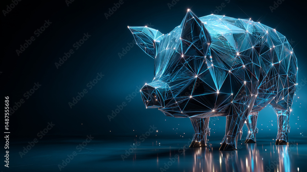 Poster abstract pig piggy bank and coin form lines and triangles, point connecting network on blue backgrou