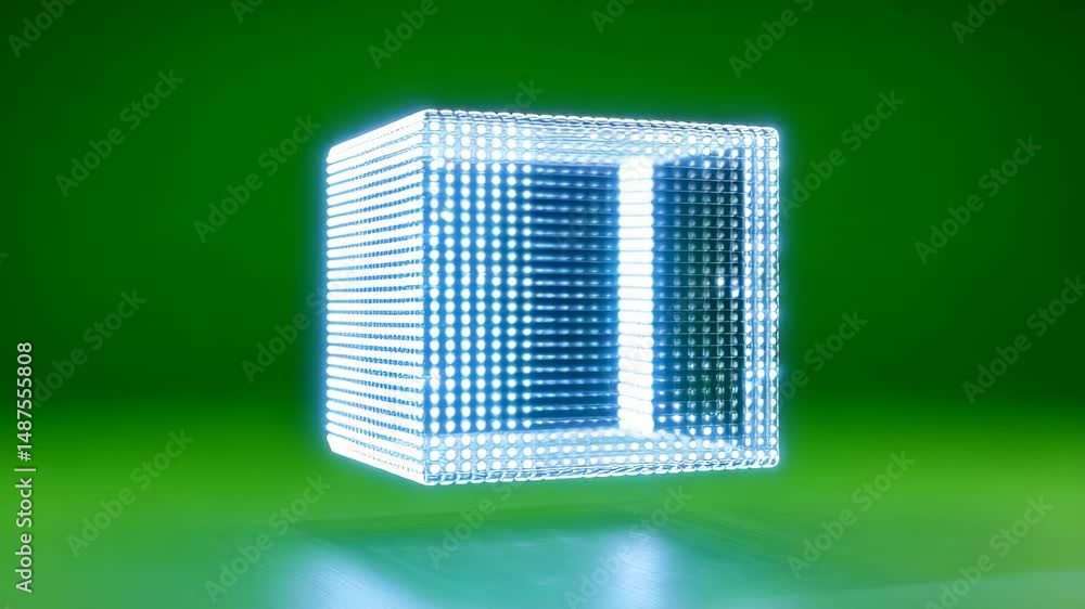 Poster glowing cube made of grid pattern rotating against vibrant green background
