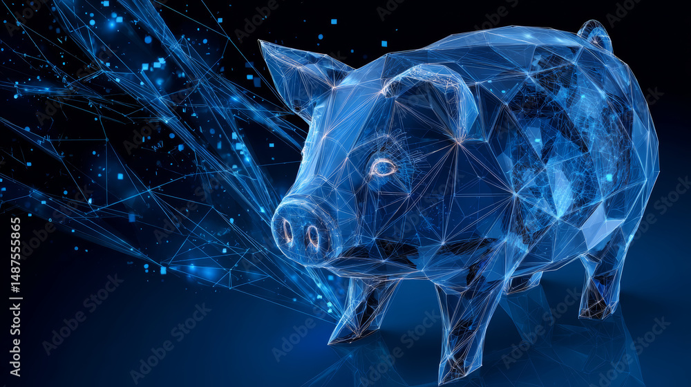 Poster abstract pig piggy bank and coin form lines and triangles, point connecting network on blue backgrou