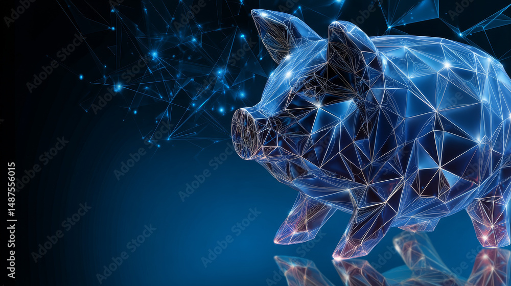 Aufkleber abstract pig piggy bank and coin form lines and triangles, point connecting network on blue backgrou