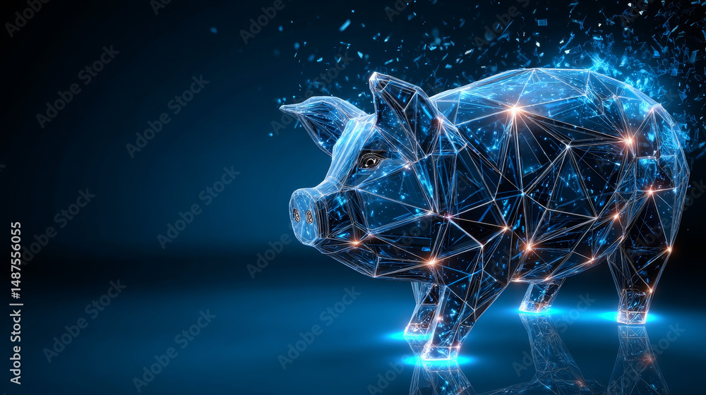 Poster abstract pig piggy bank and coin form lines and triangles, point connecting network on blue backgrou