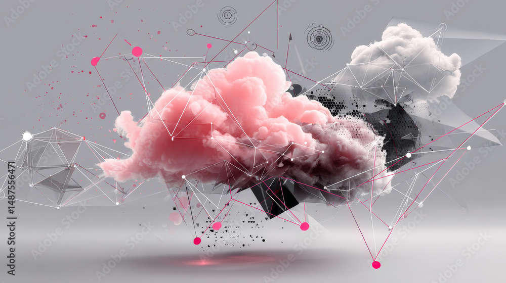 Poster data cloud storage network from lines, triangles and particle style design. illustration vector