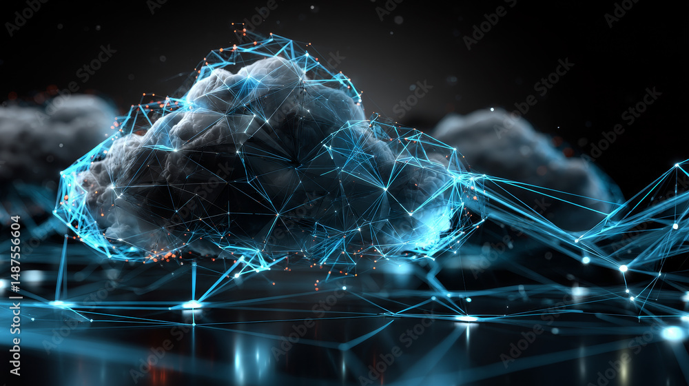 Poster data cloud storage network from lines, triangles and particle style design. illustration vector