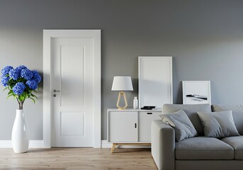 Interior with door sofa and flowers