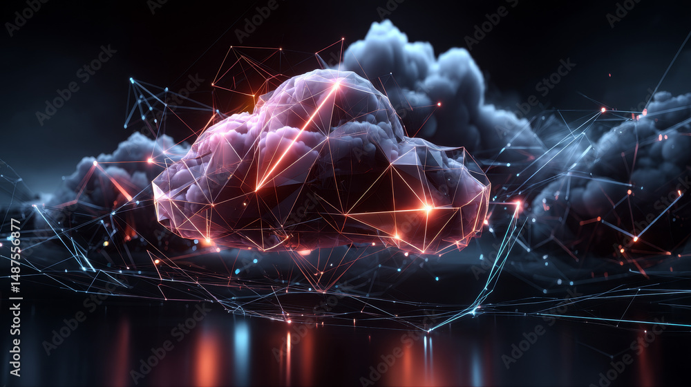 Poster data cloud storage network from lines, triangles and particle style design. illustration vector