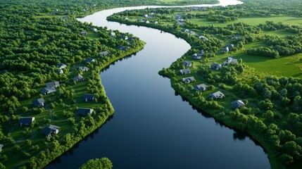 Aerial View of Riverfront Houses in Lush Green Landscape,real estate, nature