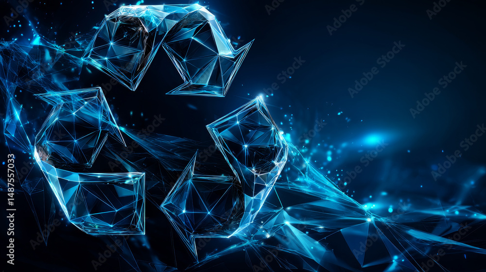 Poster abstract recycle sign form lines and triangles, point connecting network on blue background. illustr