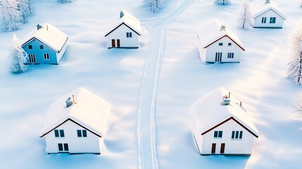 Aerial view of snowy houses in winter wonderland, winter , home