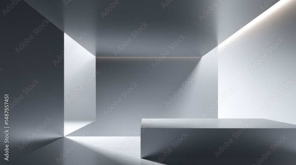 Poster minimalist interior design with geometric shapes and soft lighting, creating tranquility.