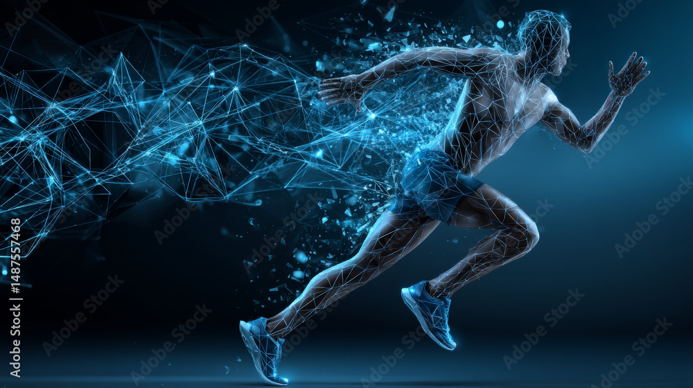 Poster abstract running man form lines and triangles, point connecting network on blue background. illustra