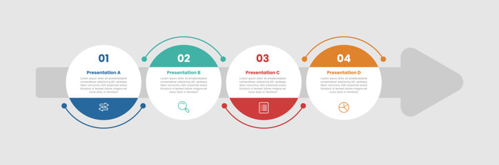 4 stage infographic diagram with big circle on big arrow up and down badge with 4 step for slide presentation