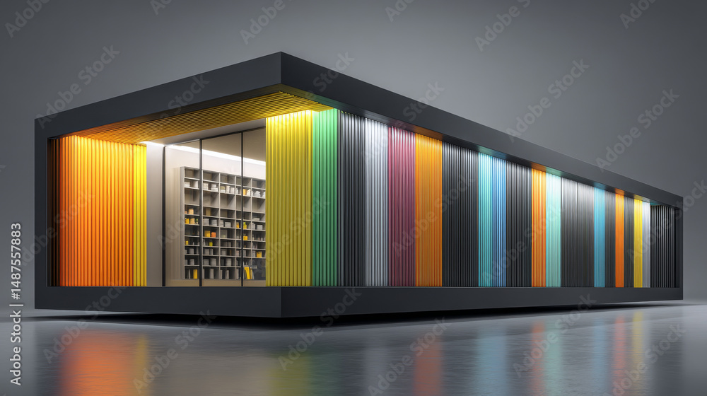 Poster modern architectural design featuring colorful panels and sleek lines in an urban setting.