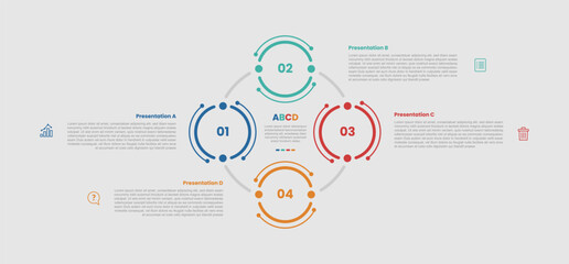 4 stage infographic diagram with outline circle cycle circular with unbalance description with 4 step for slide presentation
