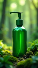 Green hand soap bottle on ground next to moss