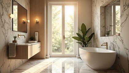 Modern Bathroom with Freestanding Tub and Large Window