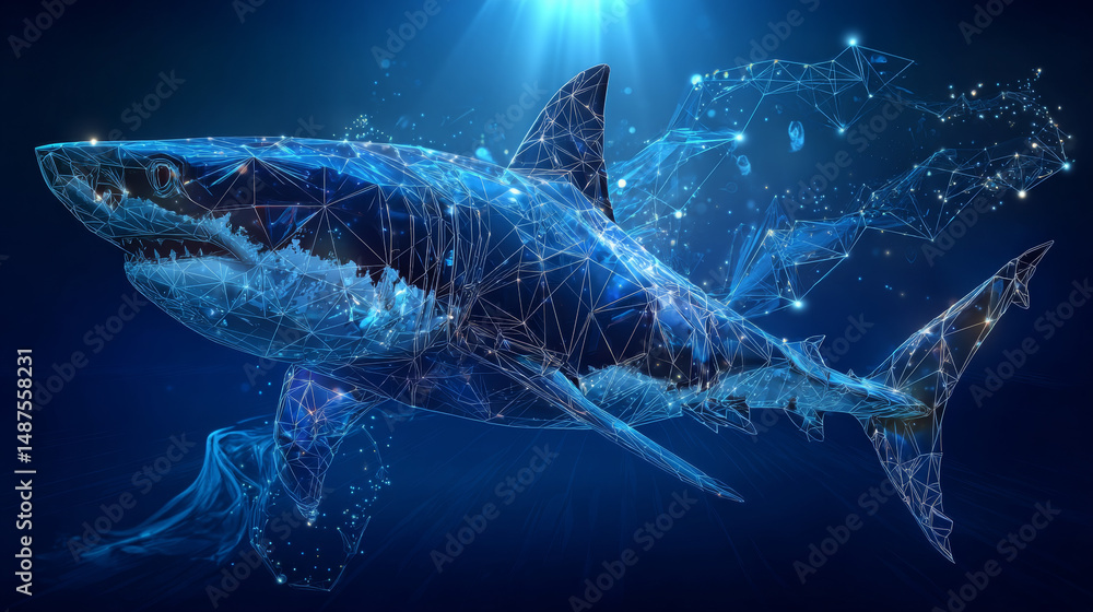 Poster abstract shark form lines and triangles, point connecting network on blue background. illustration v
