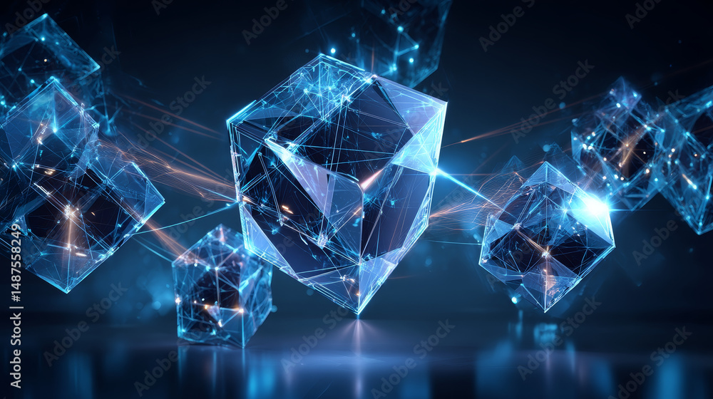 Poster block chain network connections technology. cube and box from lines and triangles, point connecting 