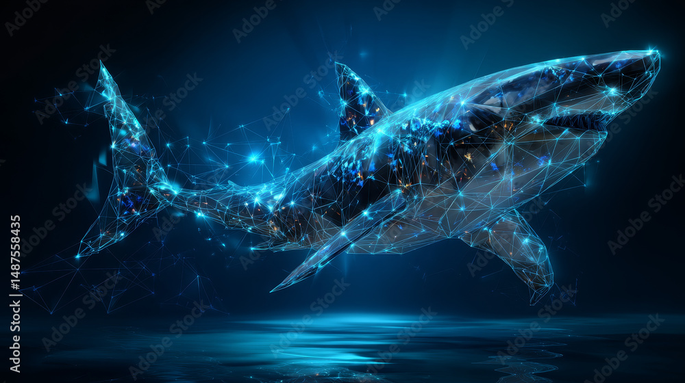 Poster abstract shark form lines and triangles, point connecting network on blue background. illustration v