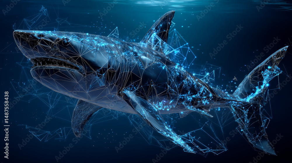 Poster abstract shark form lines and triangles, point connecting network on blue background. illustration v