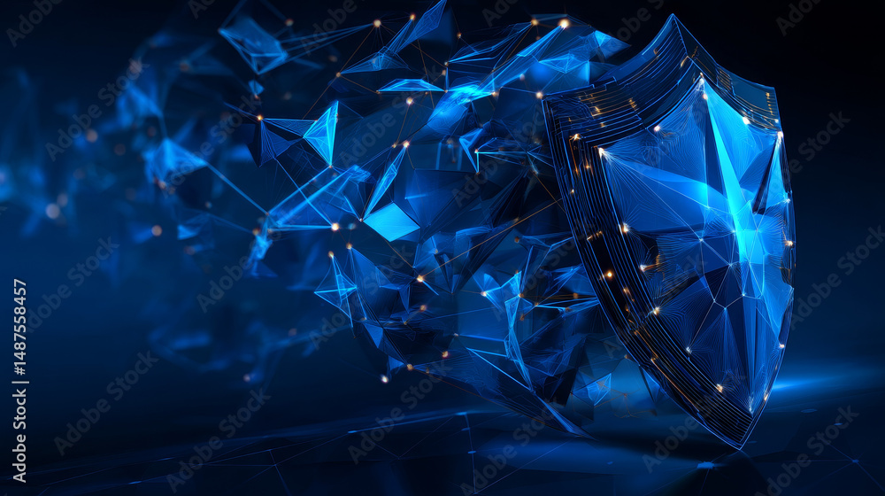 Poster shield with folder protection from lines and triangles, point connecting network on blue background.
