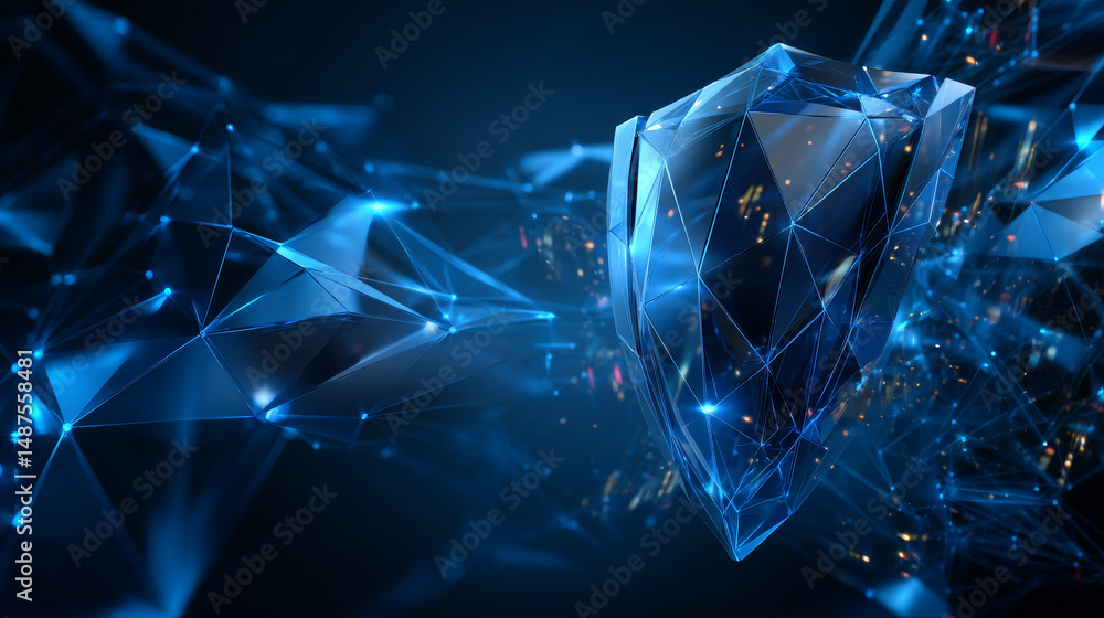 Poster shield with folder protection from lines and triangles, point connecting network on blue background.