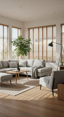 Fototapeta premium Bright & Airy Living Room: Modern Grey Sofa, Wood Accents & Natural Light - Home Decor Inspiration