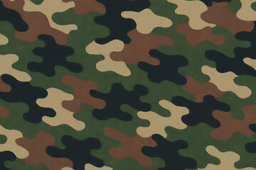 Fototapeta premium Classic military camouflage pattern in green, brown, tan, and black tones, ideal for army uniforms, tactical gear, hunting apparel, textile design, or background texture