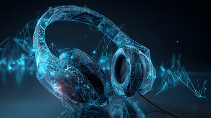 Headphone from lines and triangles, point connecting network on blue background. Illustration vector
