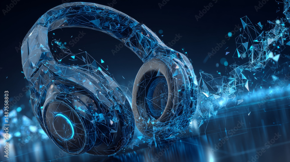 Poster headphone from lines and triangles, point connecting network on blue background. illustration vector