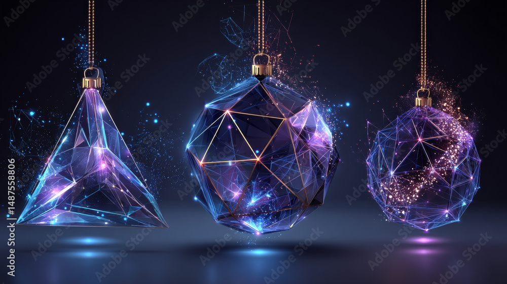 Poster set christmas balls from lines, triangles and particle style design. illustration vector