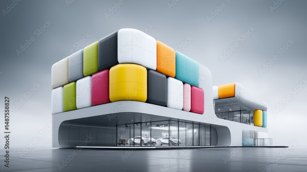 Aufkleber modern architecture featuring colorful geometric shapes and sleek design elements.