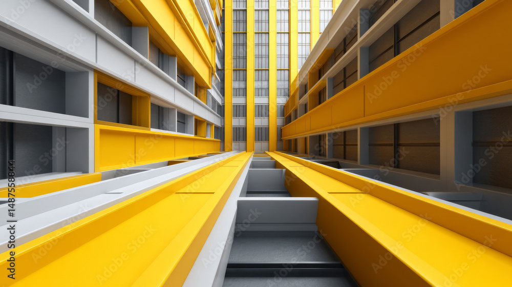Poster modern architecture featuring yellow and gray buildings with clean lines and structure.